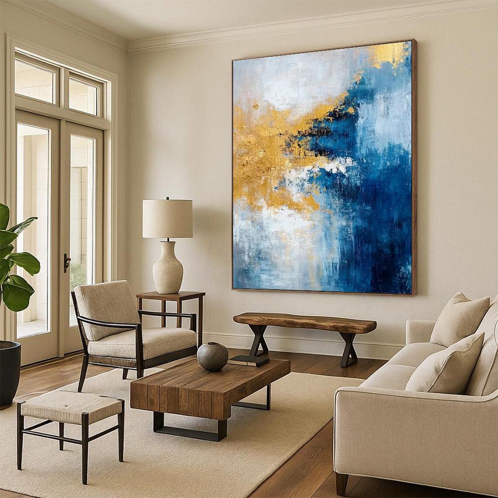 Acrylic Modern Art Paintings Blue, Gold, and White Abstract Art PT654