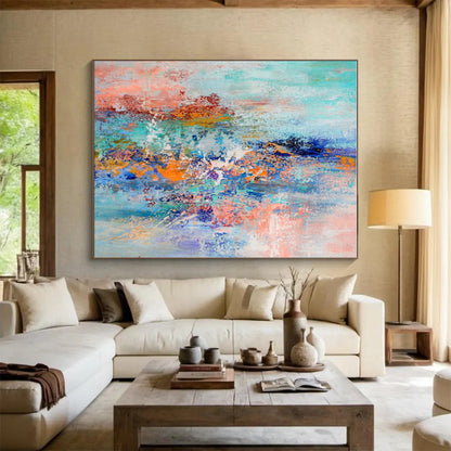 Cool Abstract Paintings in Multicolor (Teal, Orange, Blue, Pink, Purple) Abstract Energetic Splashes Painting On Canvas PT279