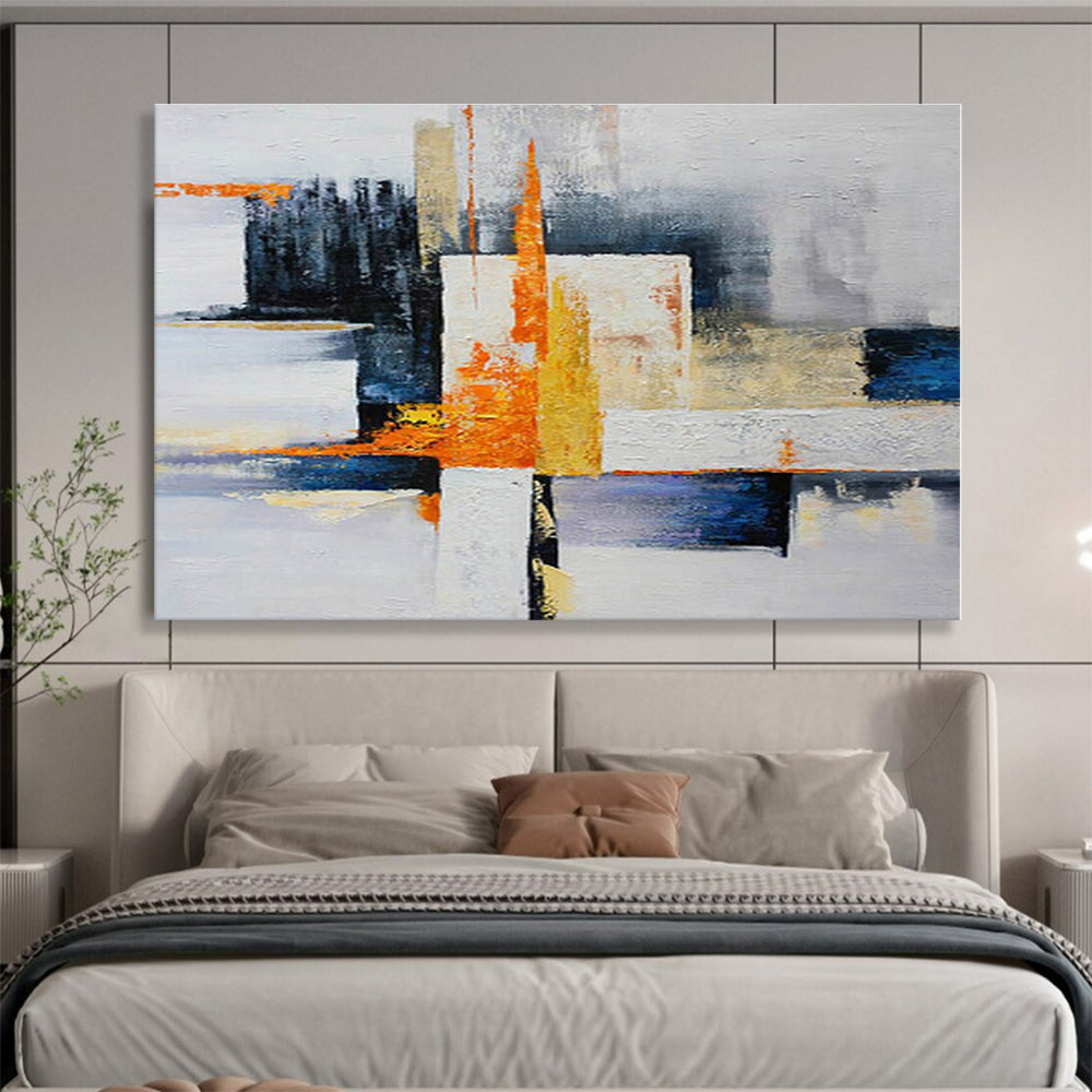 Hand Painted Art Orange, Blue, White & Yellow Geometric Abstract On Canvas HPS065