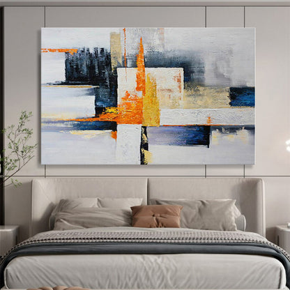 Hand Painted Art Orange, Blue, White & Yellow Geometric Abstract On Canvas HPS065
