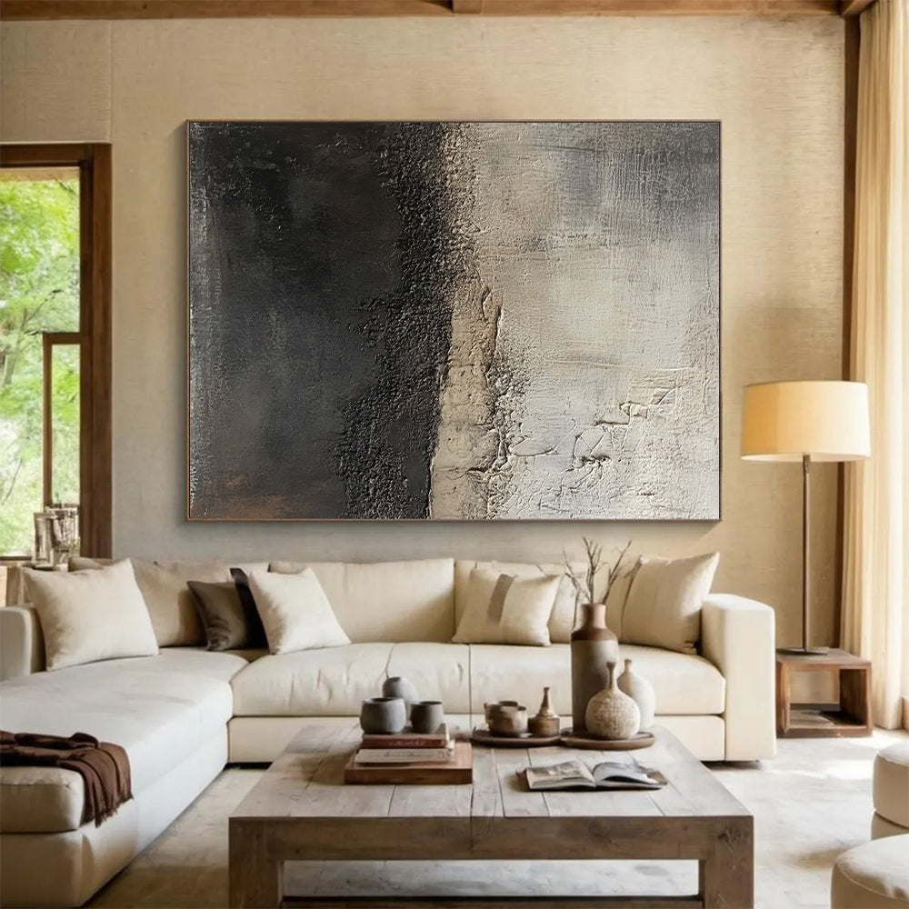 Abstract Canvas Wall Art Large With Black, Gray, Beige Textured Contrast On Canvas PT185