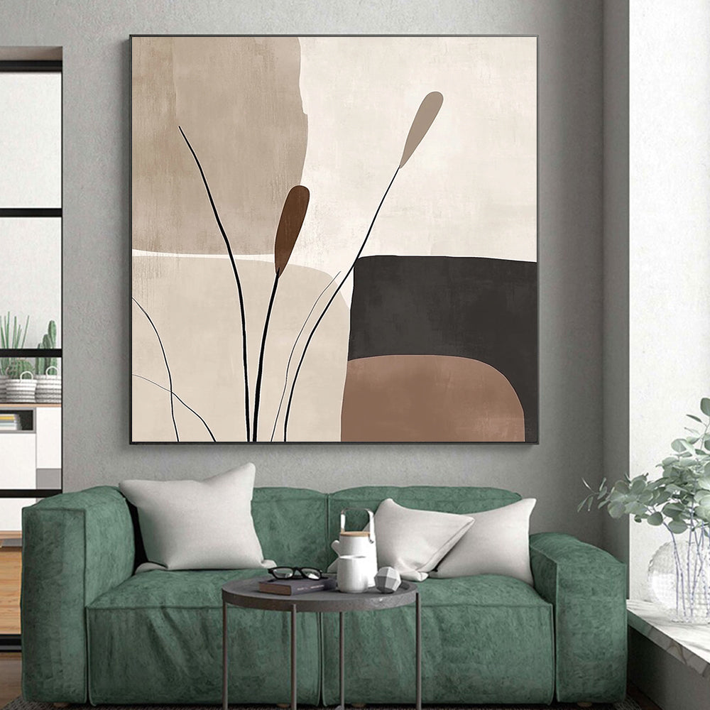 Abstract Canvas Wall Art Large, Beige Brown Black Minimalist Plant Abstract Art PT135