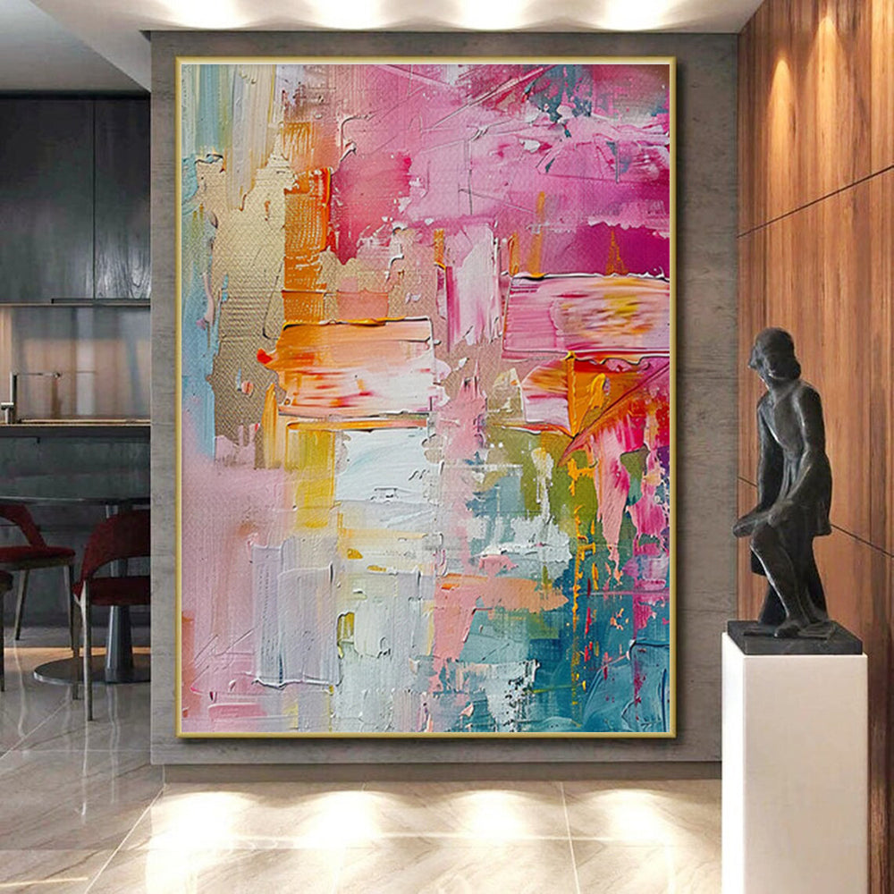 Large Painting In Living Room with Pink, Orange, Yellow, and Blue Abstract Impasto, Acrylic Modern Art PT298