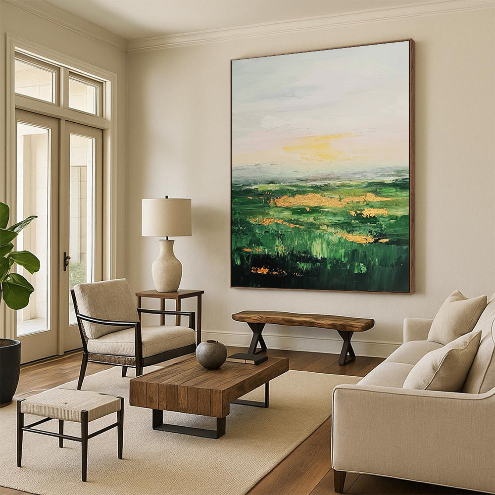 Large Contemporary Wall Art Green, Gold, and Gray Abstract Landscape Painting DPS436