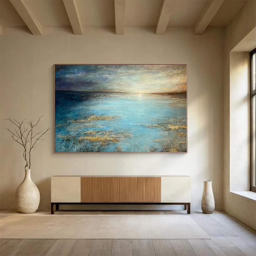 Hand Painted Art Blue & Gold Seascape Abstract Painting On Canvas HPS134