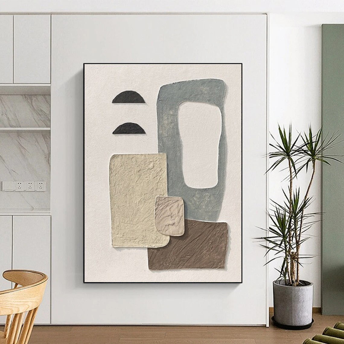 Handmade Art Beige, Gray, Brown and Black Textured Abstract Collage, Large Contemporary Wall Art PT556