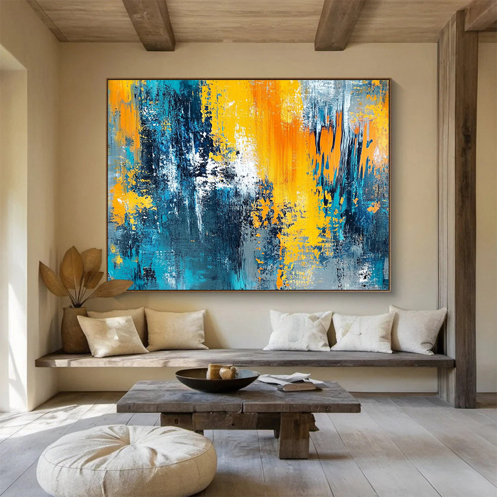 Hand-Painted Teal, Yellow, Orange & Gray Dynamic Abstract Painting HPS267