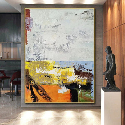 48x60 Orange, Yellow, White, and Gray Abstract Painting with Bold Textures, Cool Abstract Paintings PT206