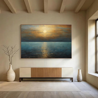 Acrylic Modern Art Paintings Golden Sunset Over Blue Sea Abstract On Canvas HPS034