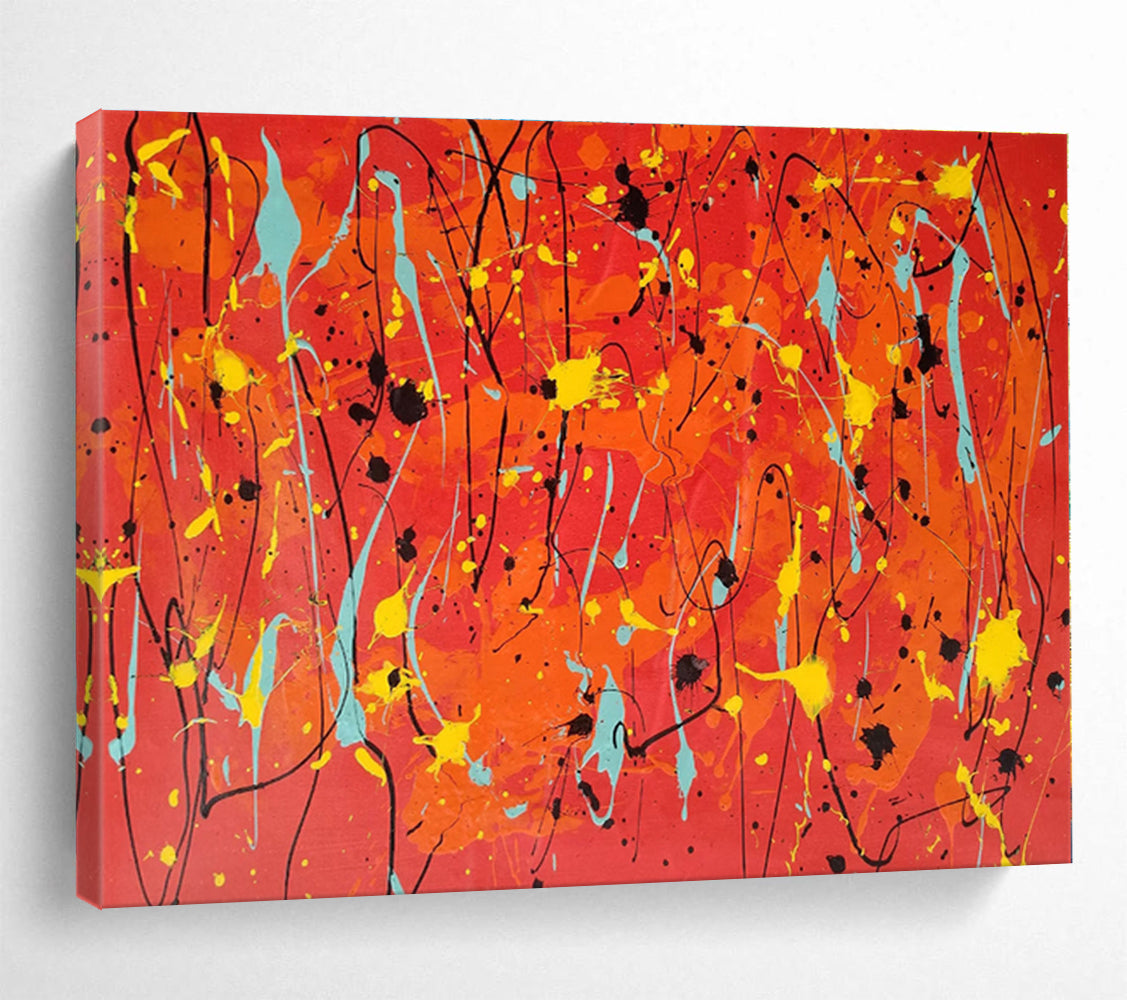Hand Painted Art Vibrant Red, Orange, Yellow & Teal Splatter Abstract Painting On Canvas HPS075