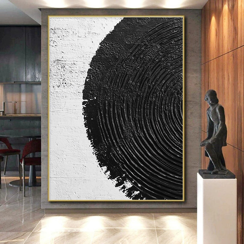 Wall Decor Abstract Paintings Large With Black, White Textured Circular Pattern On Canvas PT196