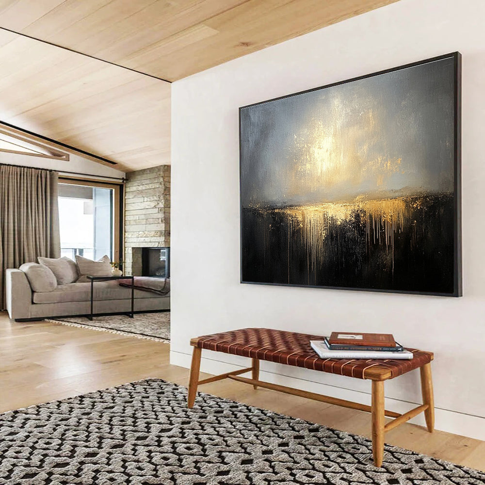Modern Art Acrylic Gray, Gold & Black Textured Landscape Abstract Painting HPS269
