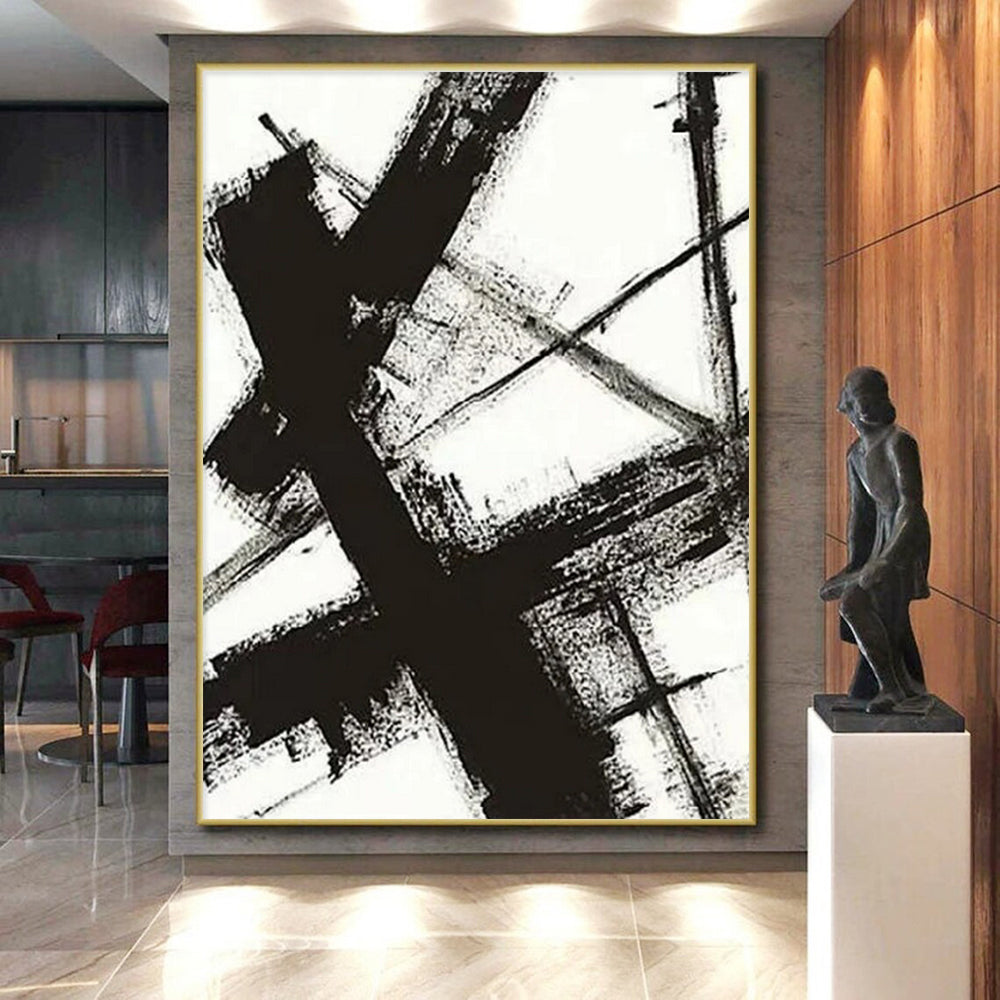 Cool Abstract Paintings - Black & White Dynamic Lines Abstract Art PT567