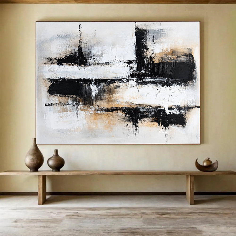 Large Contemporary Wall Art Black, White, and Beige Abstract Urban Scene HPS306