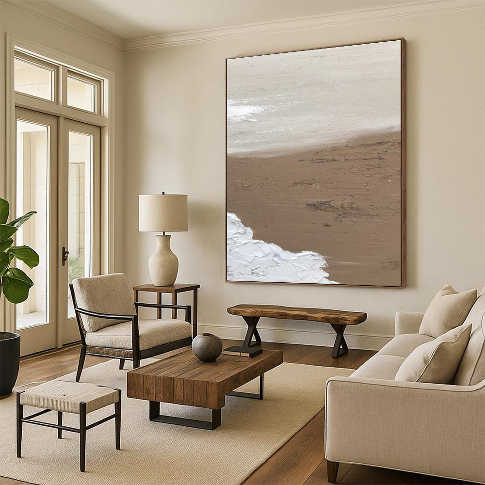 Huge Size Beige, White, and Brown Textured Abstract Seaside Art DPS458