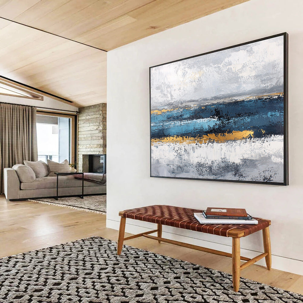 Acrylic Modern Art Paintings Blue, Gray, Gold & White Textured Landscape Abstract Painting HPS265