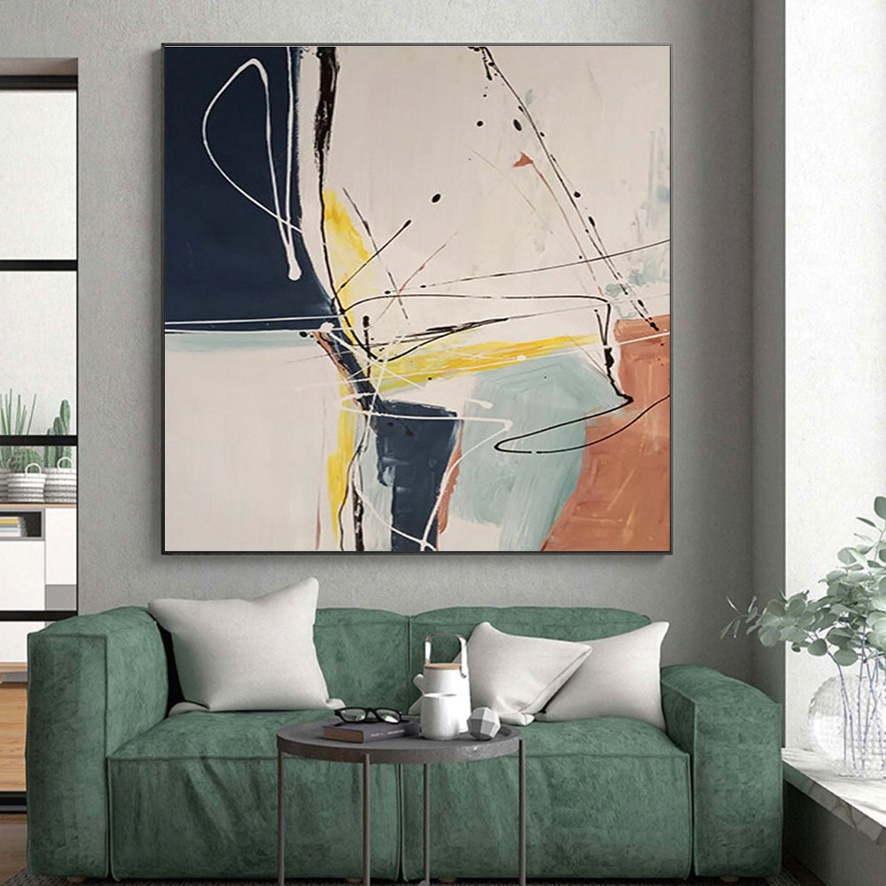 Hand-Painted Navy, Yellow, Beige, and Coral Abstract Painting with Dynamic Lines, Acrylic Modern Art PT211