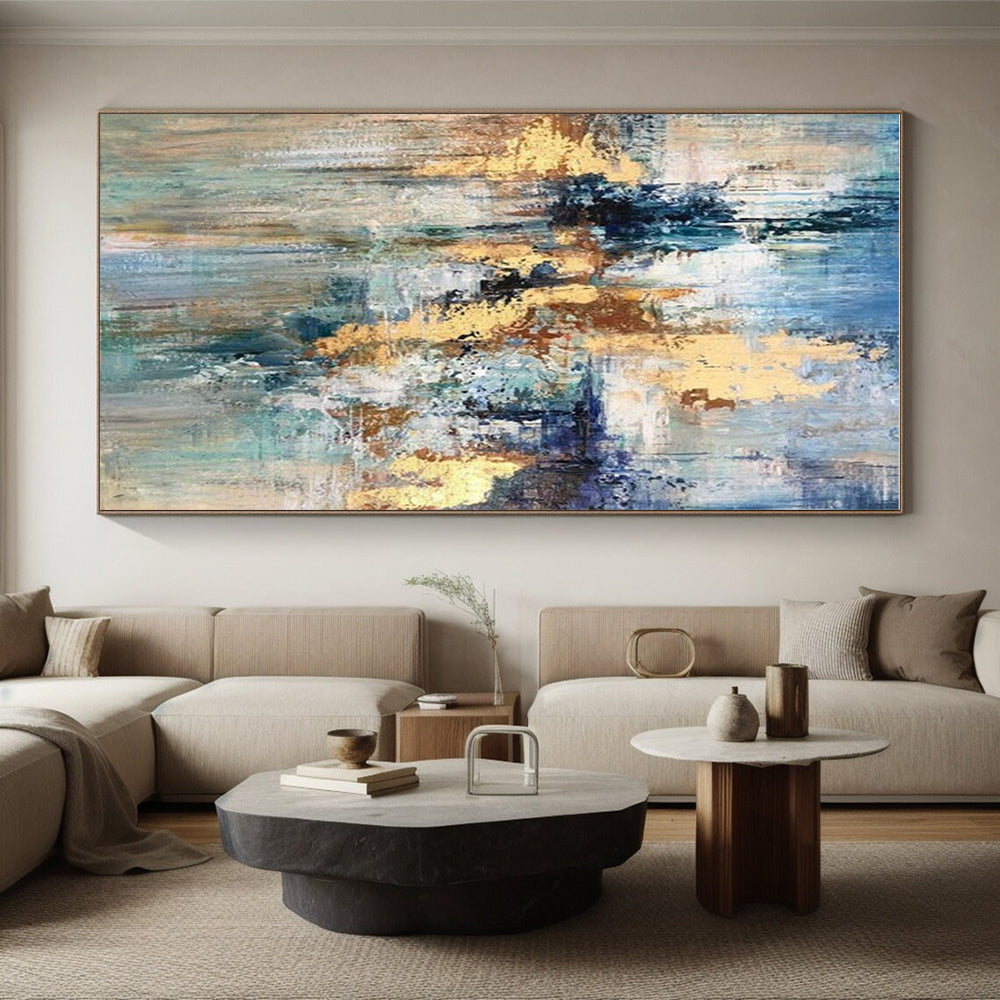 Oversized Abstract Wall Art Blue Gold Modern Acrylic Artwork PT440