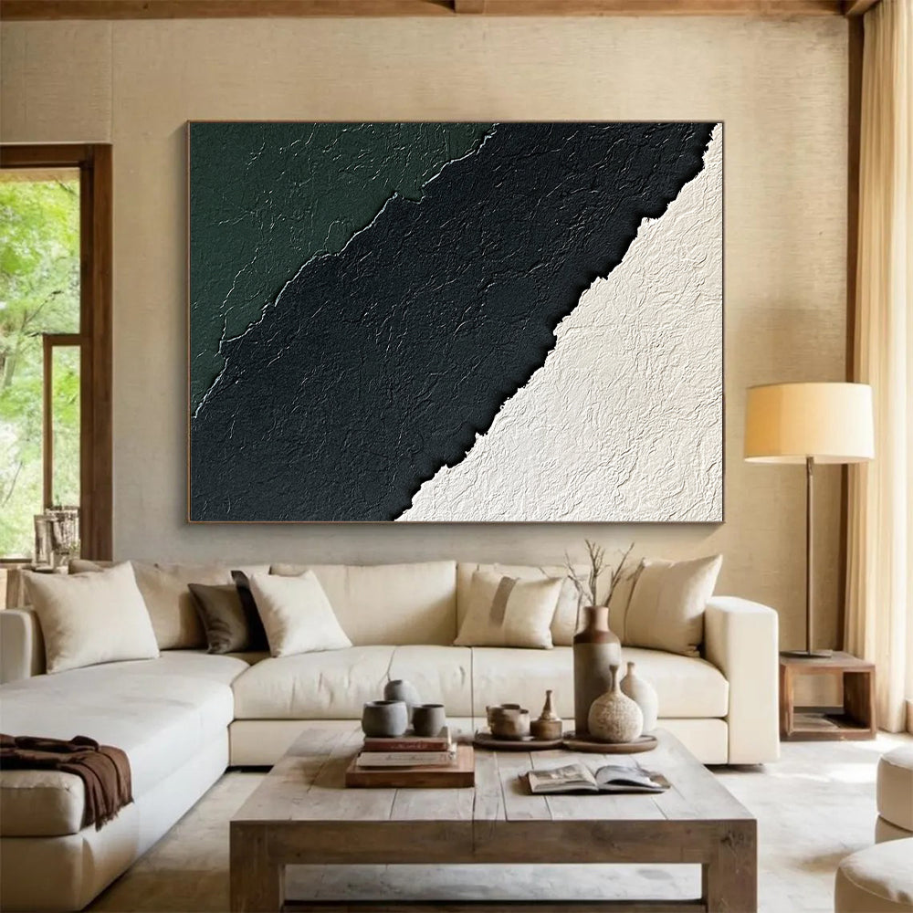 Large Abstract Painting For Living Room With Black, White, Dark Green Textured Layers On Canvas PT181