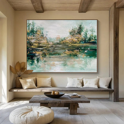 Large Contemporary Wall Art Green and Beige Abstract Lake Landscape Art HPS346