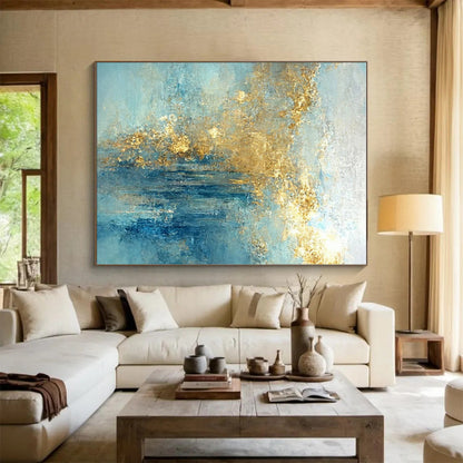 Large Size Blue and Gold Abstract Art with Flowing Textures PT227