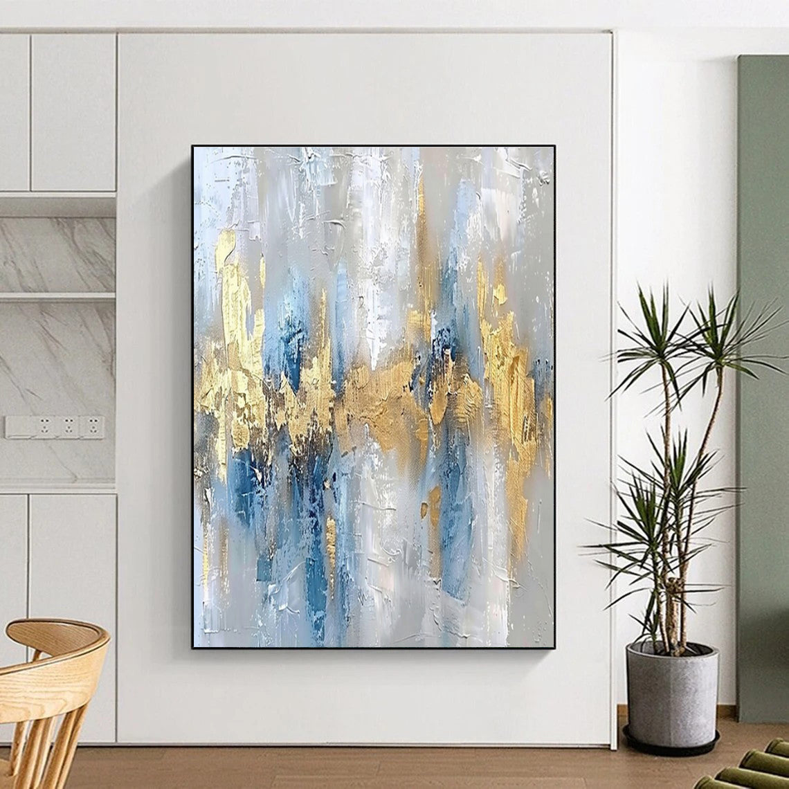 Unique Abstract Art Blue, Gold, and Gray Textured Abstract Art PT655