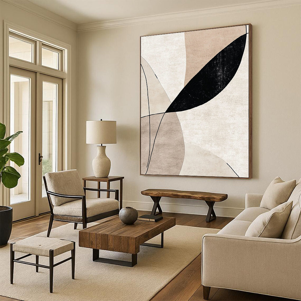 Modern Large Abstract Canvas Painting, Beige Black Gray Minimalist Geometric Abstract Art PT137