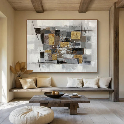 Hand-Painted Gray, Gold & Black Geometric Abstract Painting On Canvas HPS091