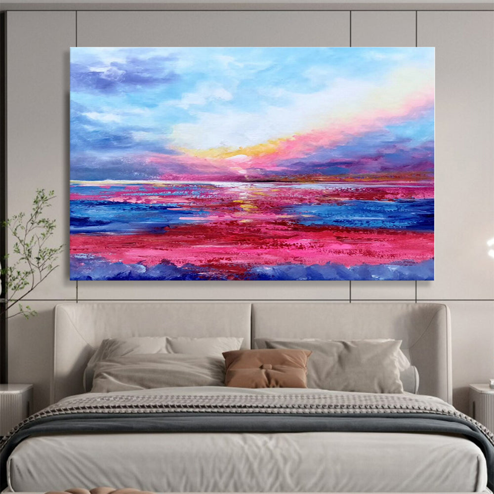 Hand-Painted Pink, Blue & Purple Sunset Sea Abstract Painting On Canvas HPS076
