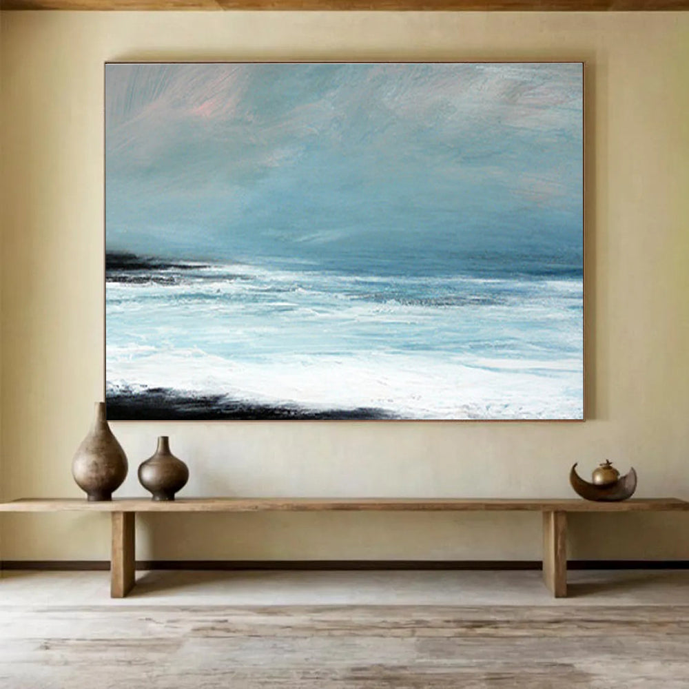 Hand Painting Light Blue & White Abstract Coastal Wave Art HPS187