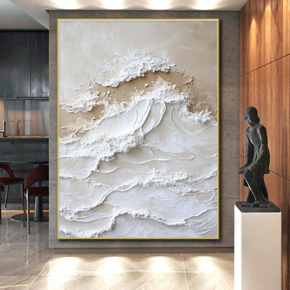 Oversized Abstract Wall Art Beige White Textured Wave Acrylic Art PT450