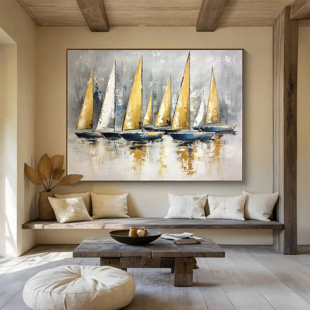Huge Size Gold, White, and Gray Sailboat Fleet Abstract Nautical Art HPS323