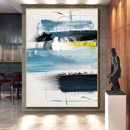 Cool Abstract Paintings - Blue, Black, White & Yellow Textured Abstract Art PT586