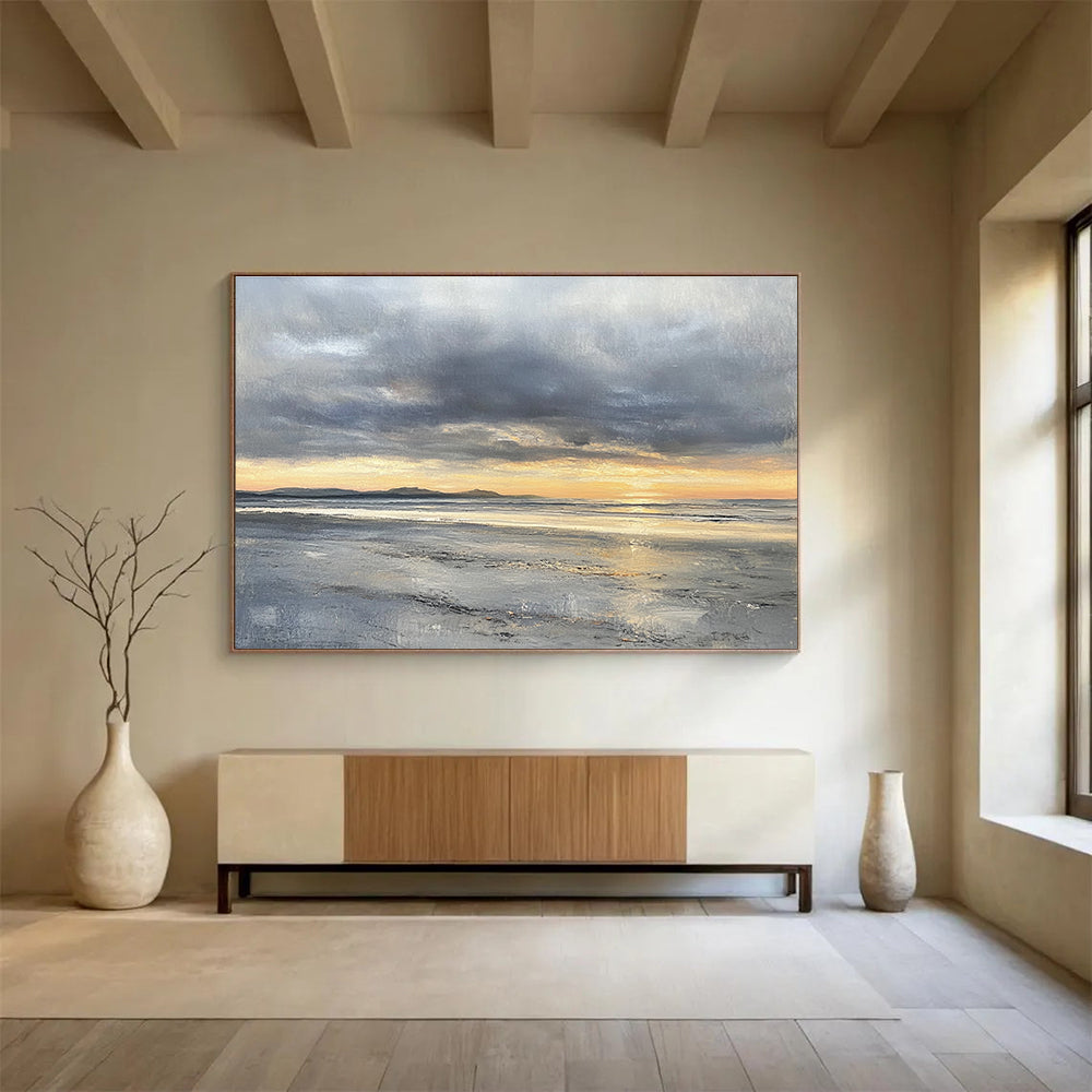 Cool Abstract Paintings Gray, Orange, and Yellow Dramatic Seaside Sunset HPS318