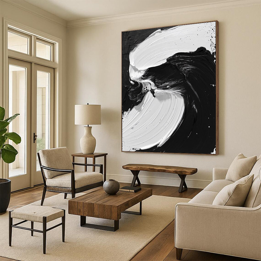 Custom Large Abstract Art For Living Room With Black, White Fluid Brushstrokes On Canvas PT195