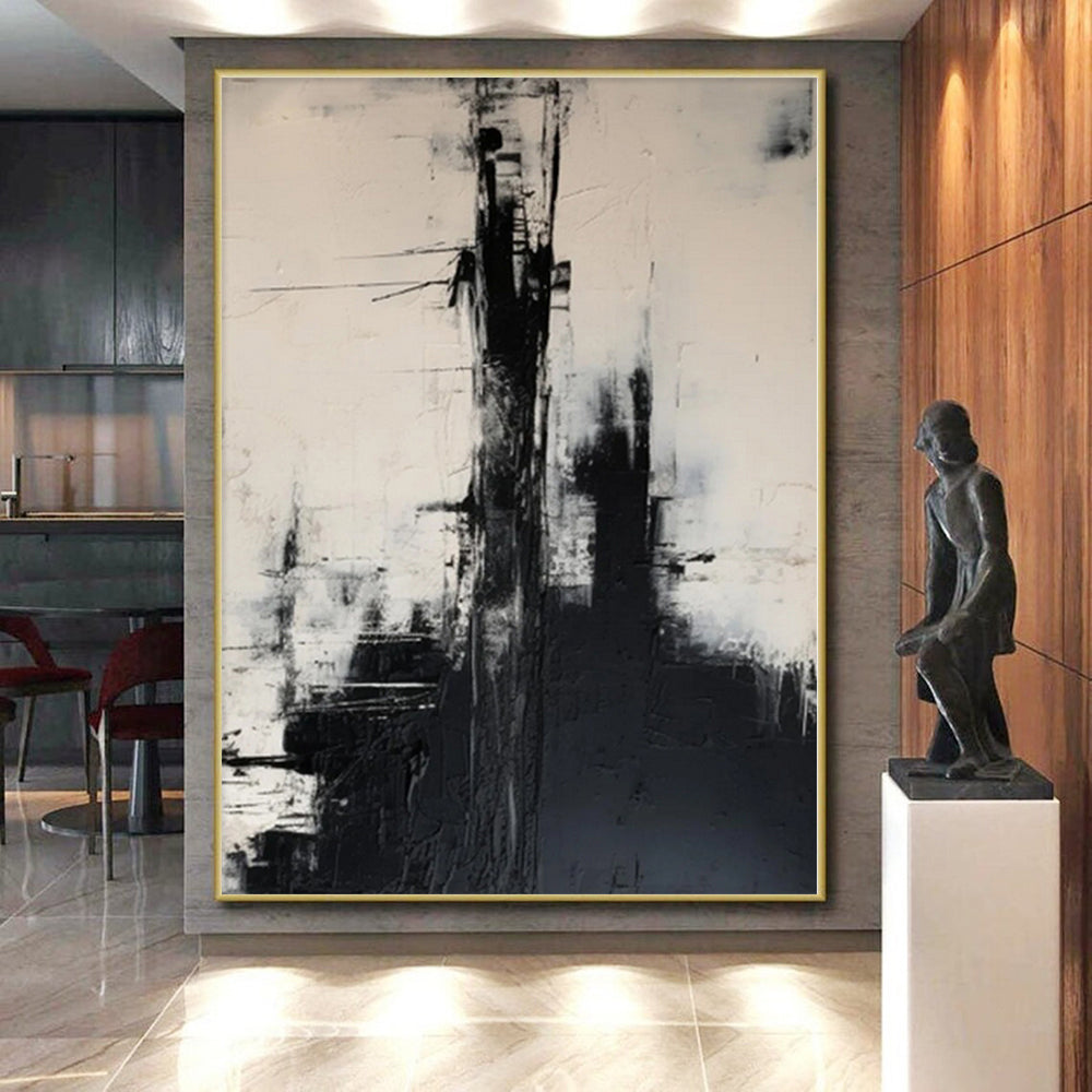 48x60 Black & White Textured Urban Abstract Painting On Canvas PT056