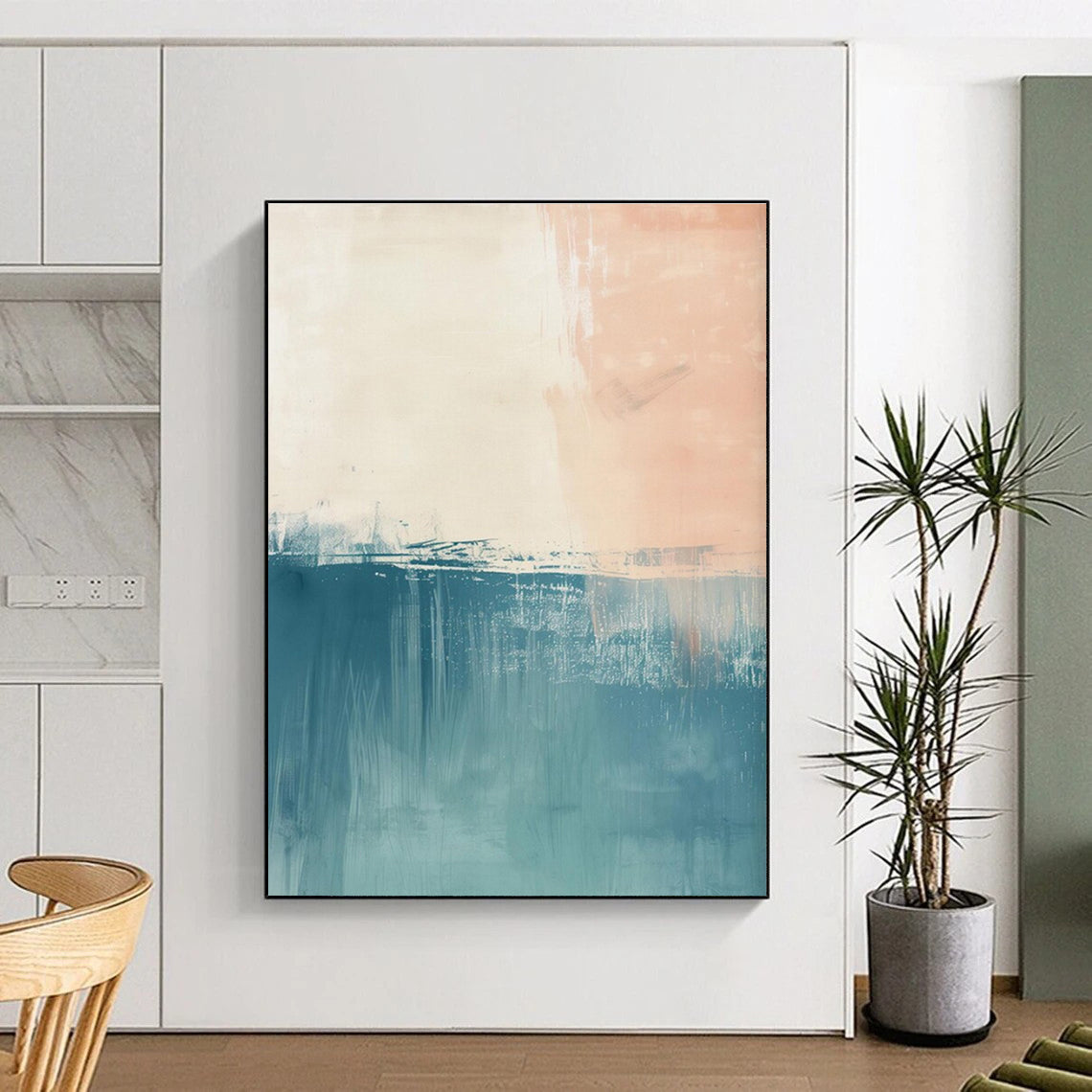 Hand-Painted Teal, Beige, and White Textured Abstract Art PT766