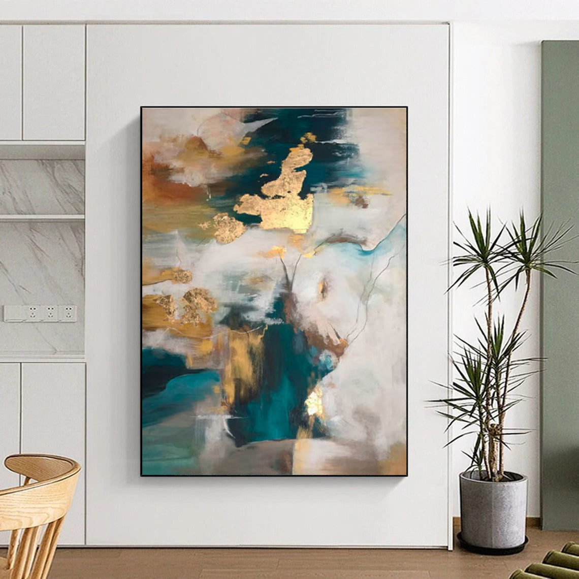 Large Contemporary Wall Art Teal, Gold, and White Abstract Art PT649