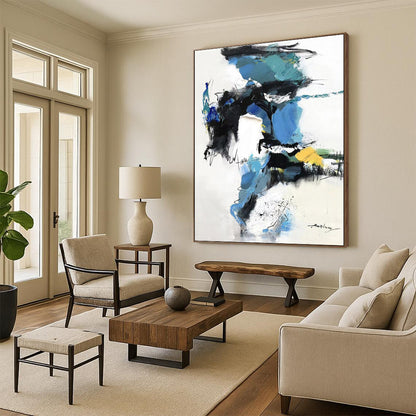 Hand Painting Blue, Black, White, and Yellow Dynamic Abstract Art PT791