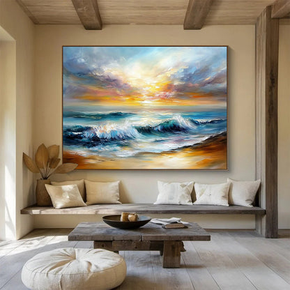 Huge Size Multicolor (Blue, Orange, Yellow) Coastal Sunset Abstract Acrylic Painting HPS243