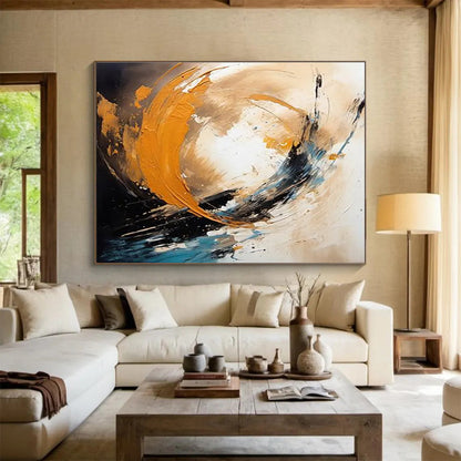 Big Painting Orange, Black & Teal Abstract Energetic Swirl Art HPS211