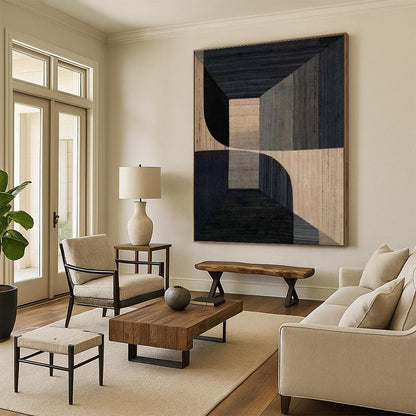 Unique Abstract Art in Black and Beige Geometric 3D Design, Handmade Art Piece PT323