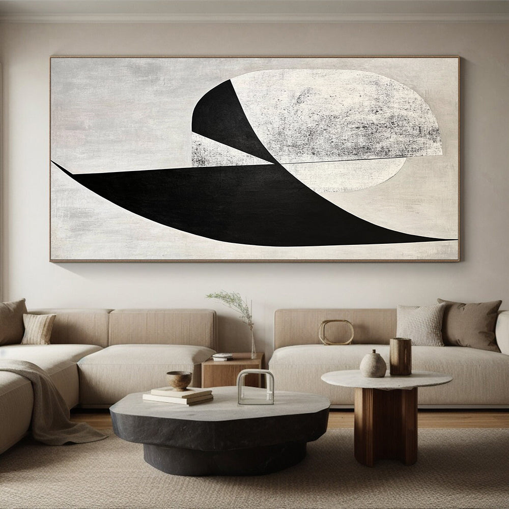 Custom Large Abstract Art For Living Room With Black, White, Gray Geometric Abstraction On Canvas PT189