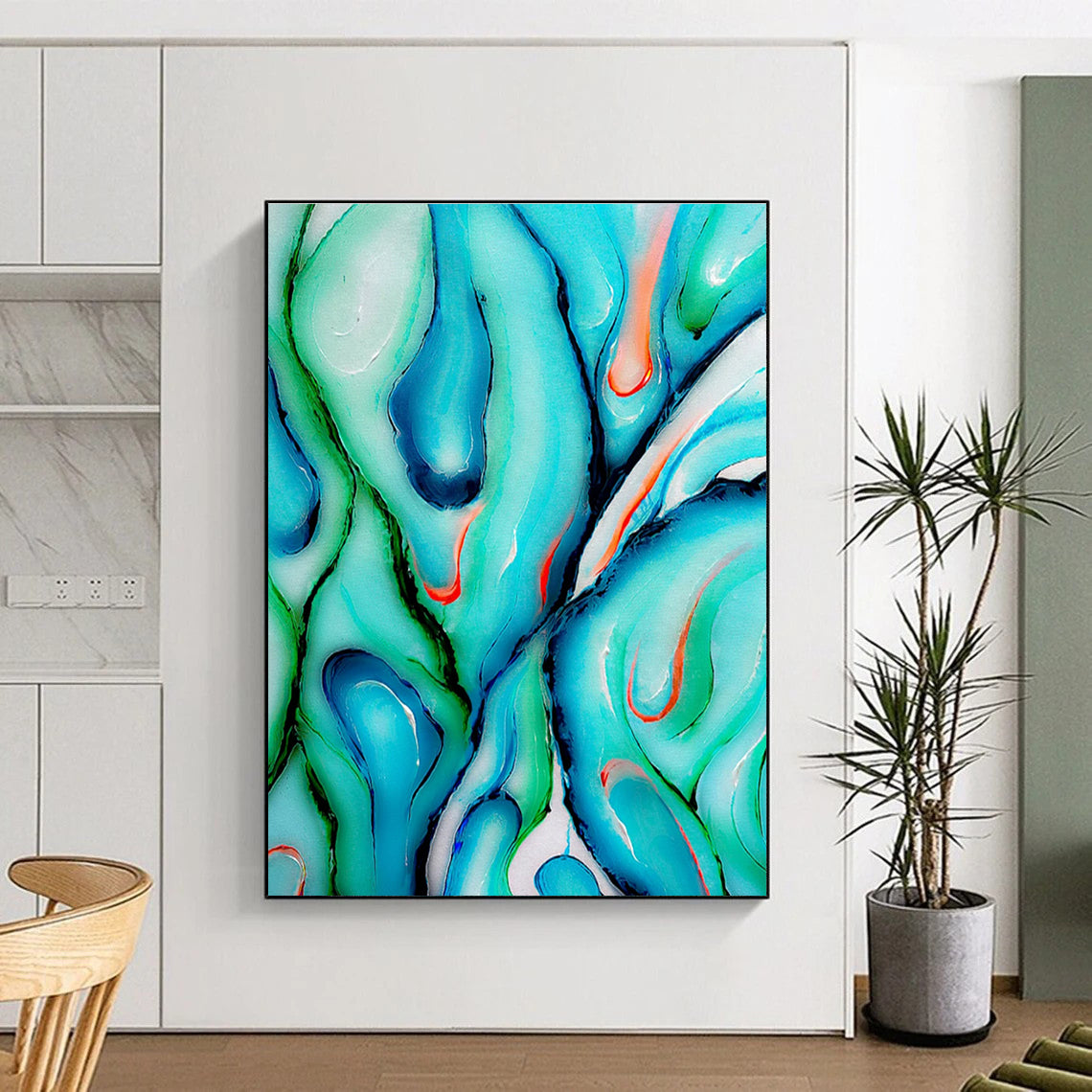 Unique Abstract Art Turquoise, Green, and Orange Fluid Abstract Art PT724