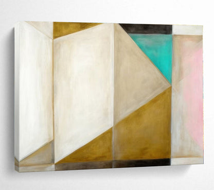 Unique Abstract Art Neutral Tones With Gold, Teal & Pink Geometric Abstract Painting On Canvas HPS072