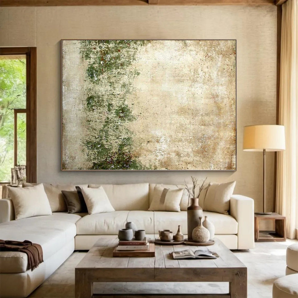 Hand Painted Art Beige & Green Textured Abstract Painting On Canvas PT073