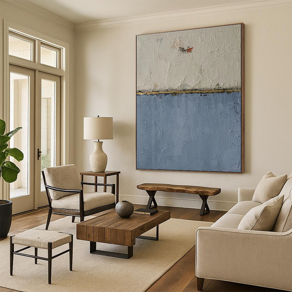 Hand-Painted Beige, Blue & Gold Abstract Minimalist, Modern Art Acrylic DPS509