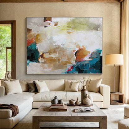 Hand Painting with Multicolor (Teal, Beige, Pink) Abstract Composition PT012