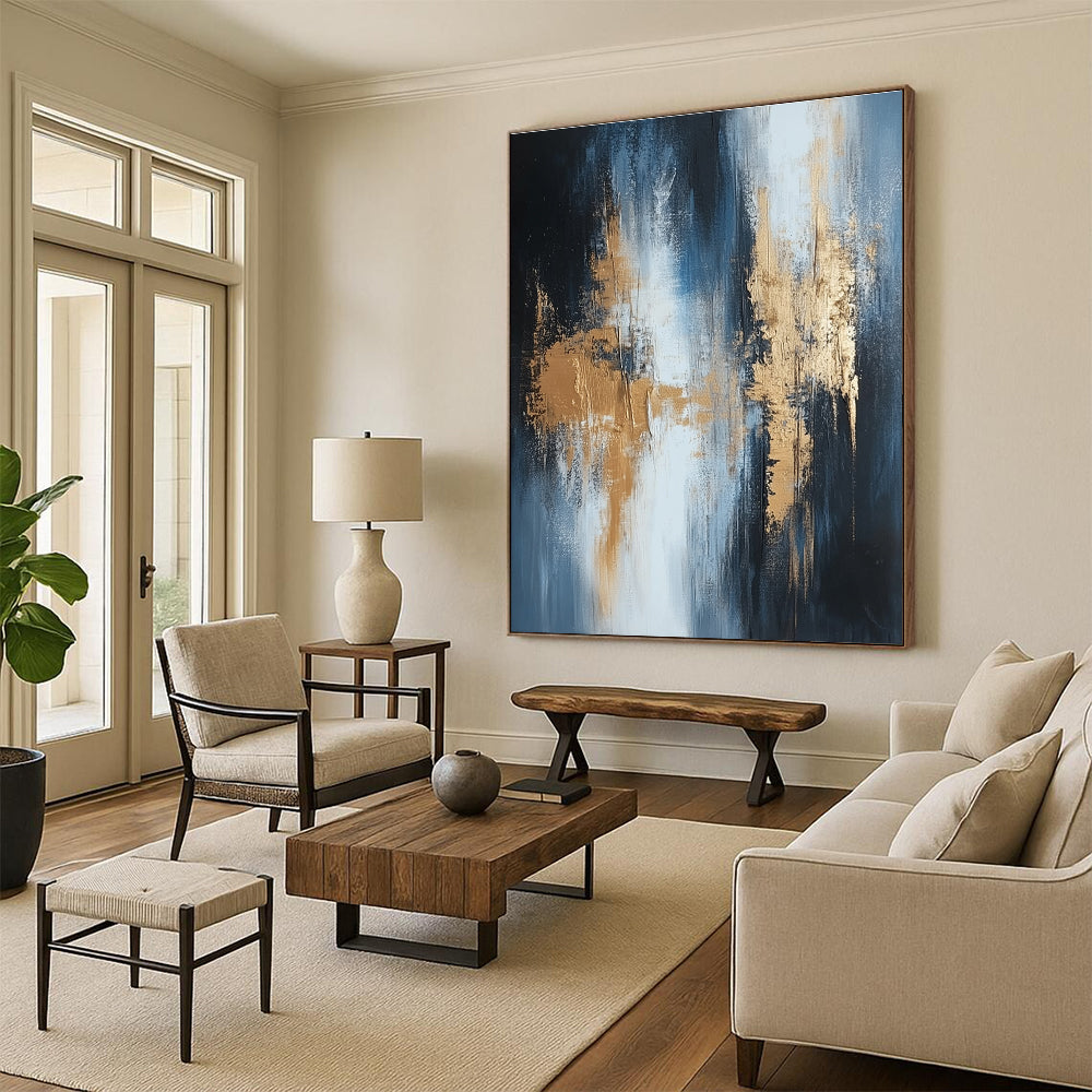 Unique Abstract Art Blue, Gold & Gray Textured Abstract Painting On Canvas PT115