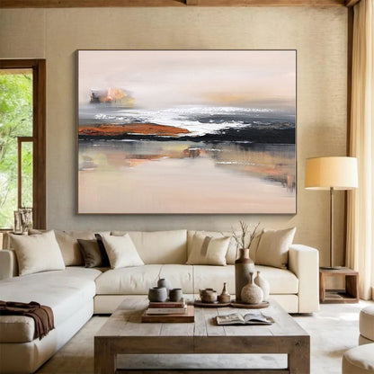 Large Painting In Living Room Beige, Black & White Abstract Coastal Art HPS157